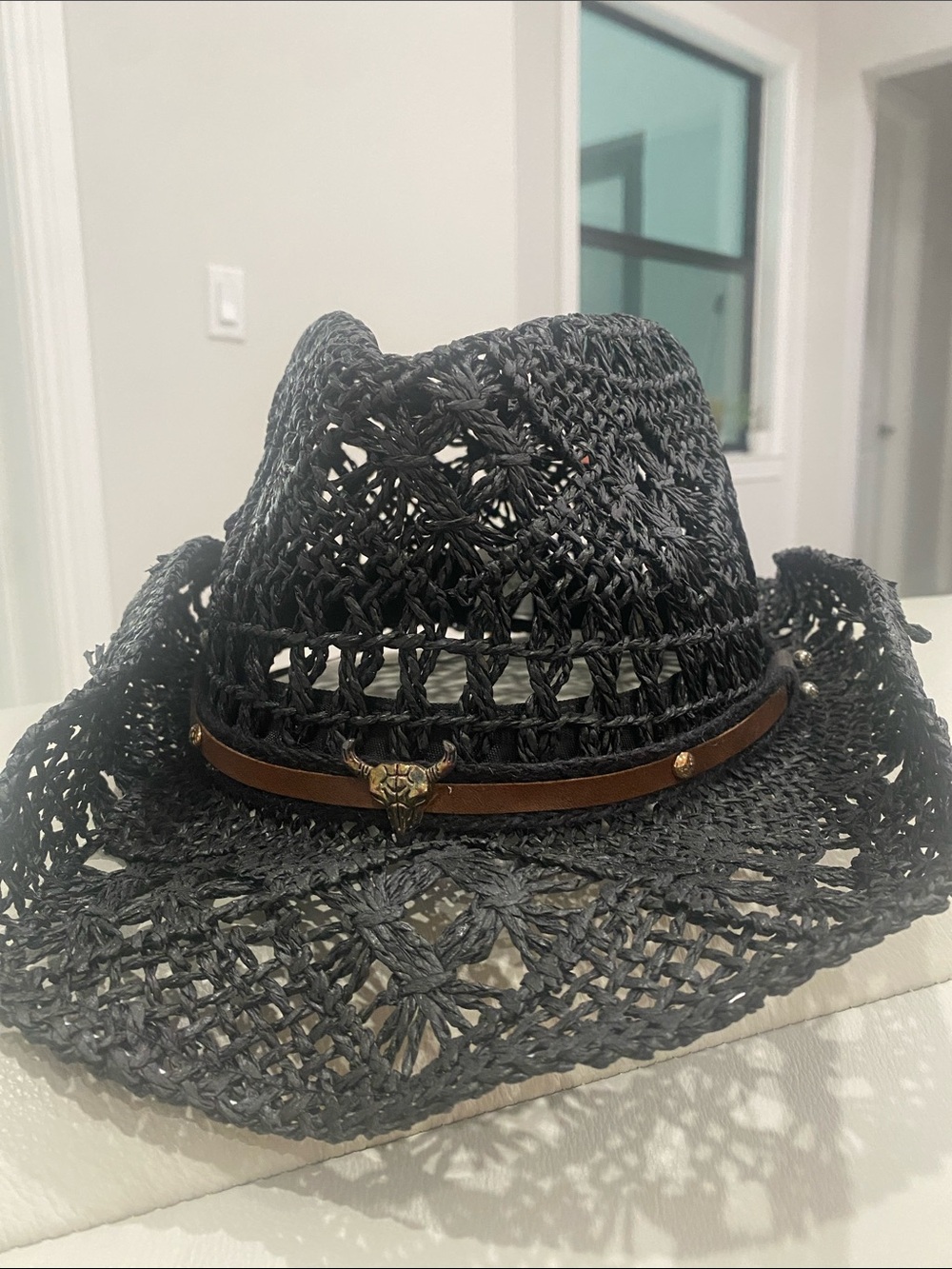 Black Woven Straw Cowboy Hat with Brown Leather Band